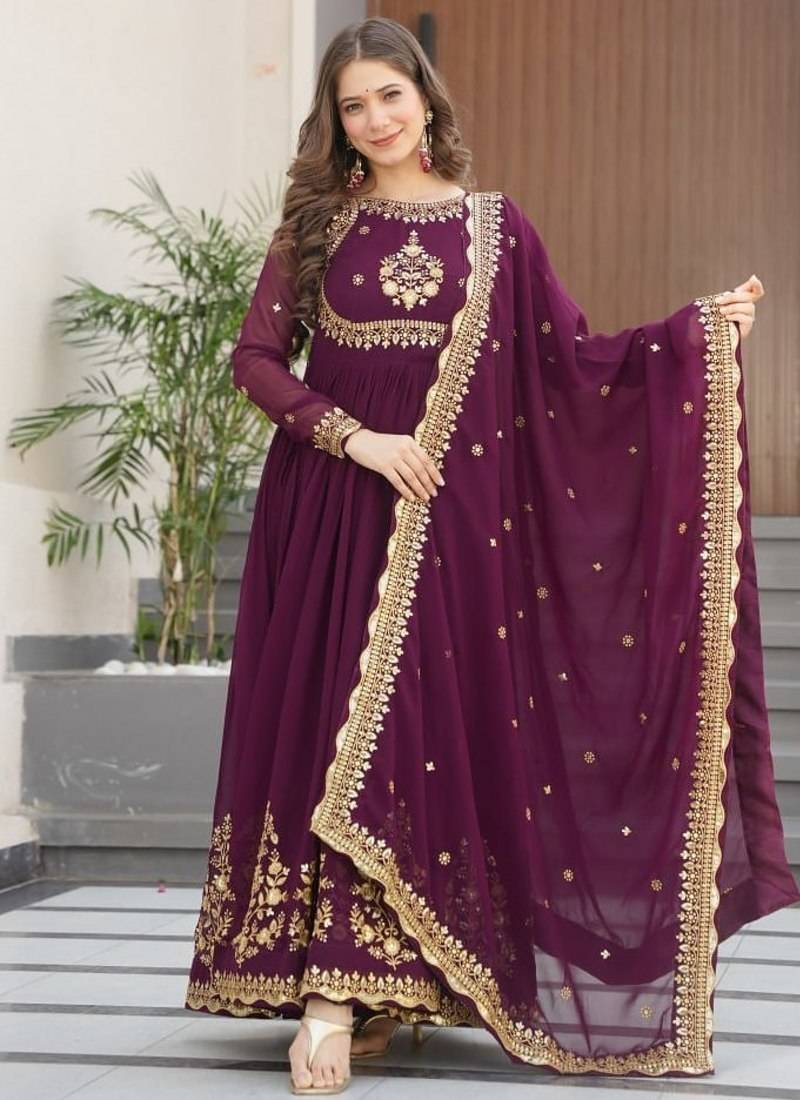 Wine luxury designer faux blooming georgette gown with zari & sequin embroidery