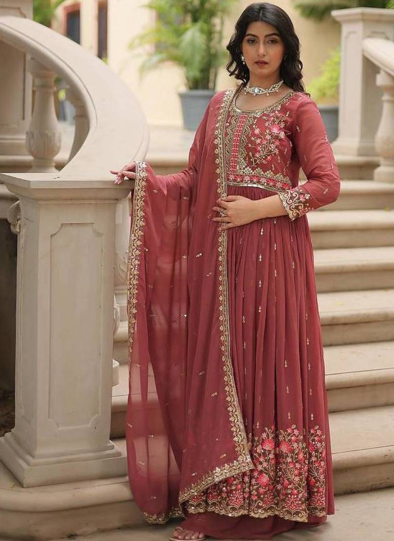 Peach faux georgette embroidered sequins anarkali suit festive wear