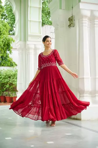 Red designer faux blooming embroidered gown with bead work