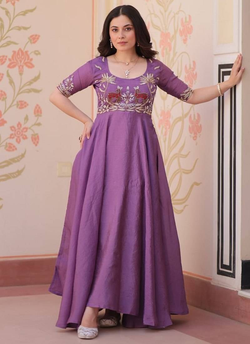 Purple gold crush embroidered gown
