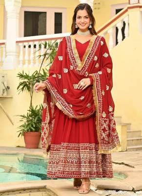 Red faux blooming embroidered zari sequins work gown with dupatta 1