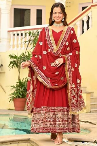 Red faux blooming embroidered zari sequins work gown with dupatta