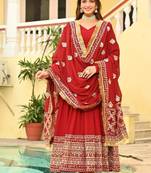 Red faux blooming embroidered zari sequins work gown with dupatta