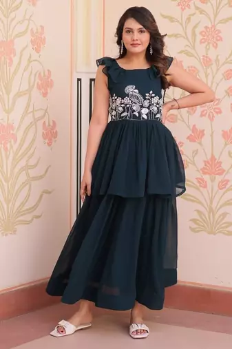 Blue designer faux blooming embroidered gown