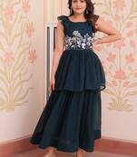 Blue designer faux blooming embroidered gown