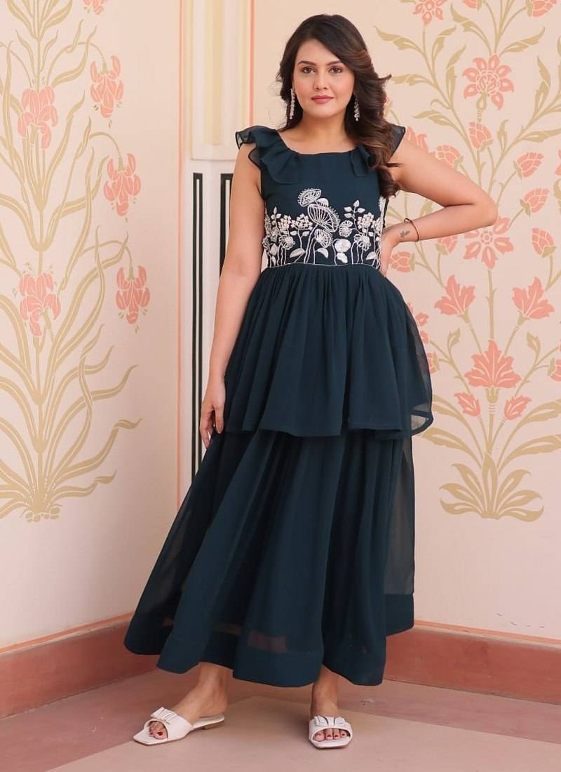 Blue designer faux blooming embroidered gown
