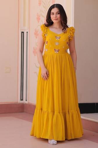 Yellow faux blooming embroidered work gown