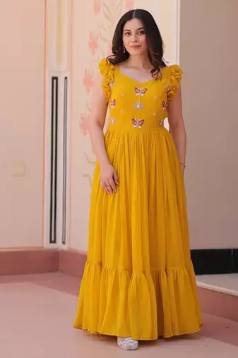 Yellow faux blooming embroidered work gown