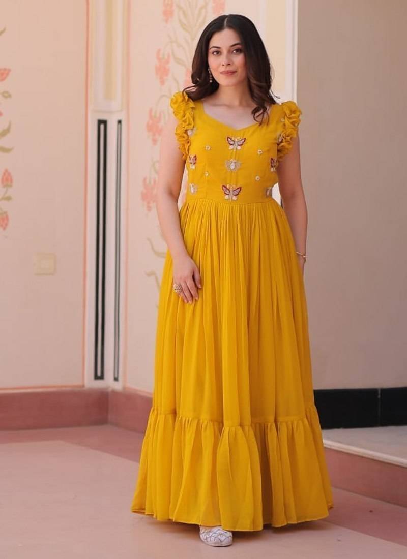 Yellow faux blooming embroidered work gown
