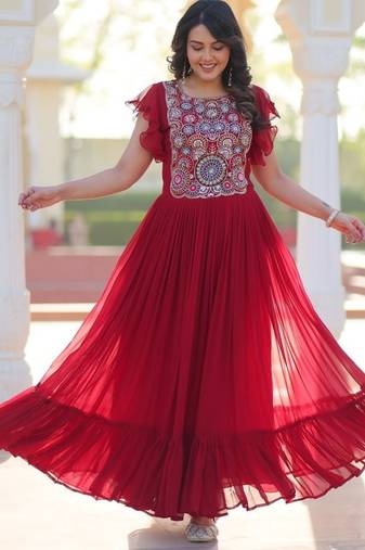 Red georgette multithread beads and sequins embroidery gown