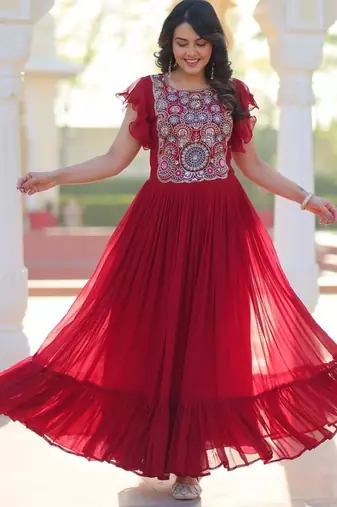 Red georgette multithread beads and sequins embroidery gown