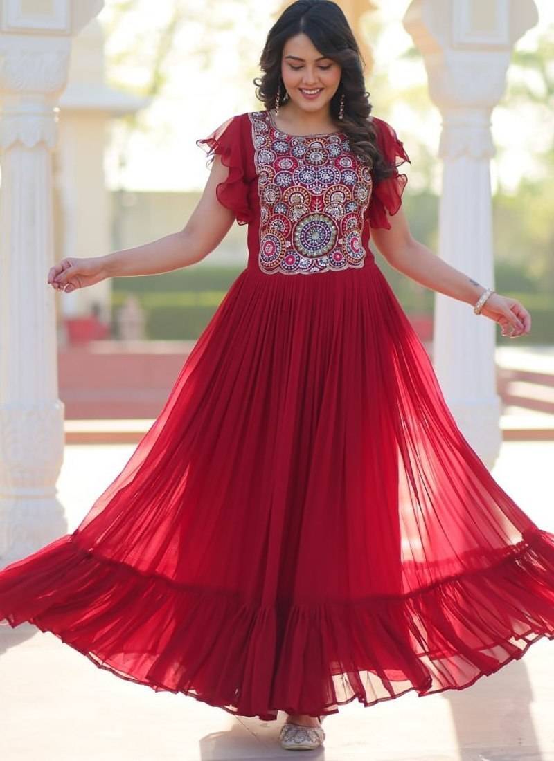 Red georgette multithread beads and sequins embroidery gown