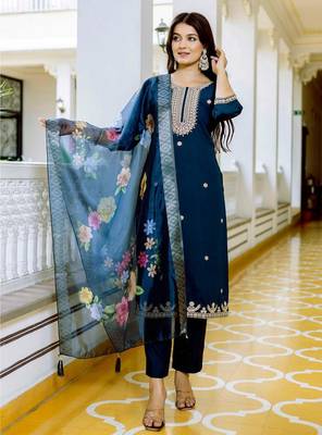  Teal Viscose Chanderi Embroidery Work Straight Kurta Pant and Dupatta Set 1