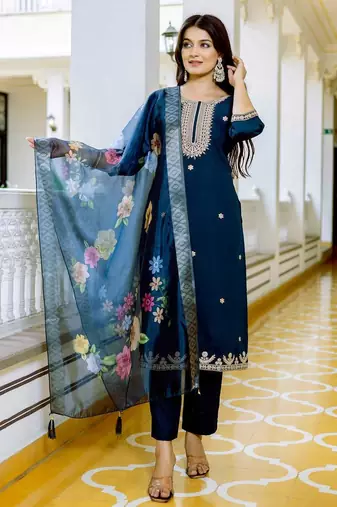  Teal Viscose Chanderi Embroidery Work Straight Kurta Pant and Dupatta Set