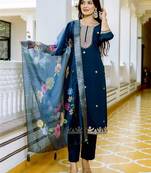  Teal Viscose Chanderi Embroidery Work Straight Kurta Pant and Dupatta Set