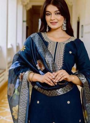  Teal Viscose Chanderi Embroidery Work Straight Kurta Pant and Dupatta Set 2