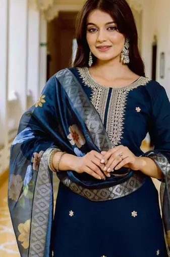  Teal Viscose Chanderi Embroidery Work Straight Kurta Pant and Dupatta Set