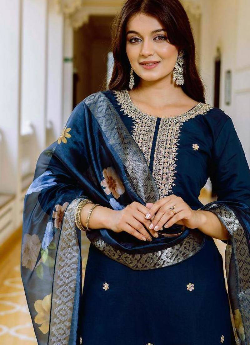  Teal Viscose Chanderi Embroidery Work Straight Kurta Pant and Dupatta Set