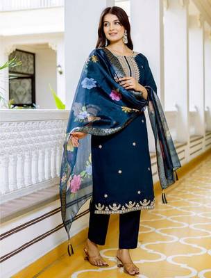  Teal Viscose Chanderi Embroidery Work Straight Kurta Pant and Dupatta Set 3