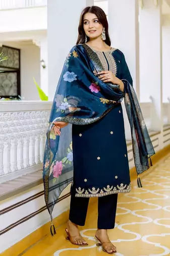  Teal Viscose Chanderi Embroidery Work Straight Kurta Pant and Dupatta Set