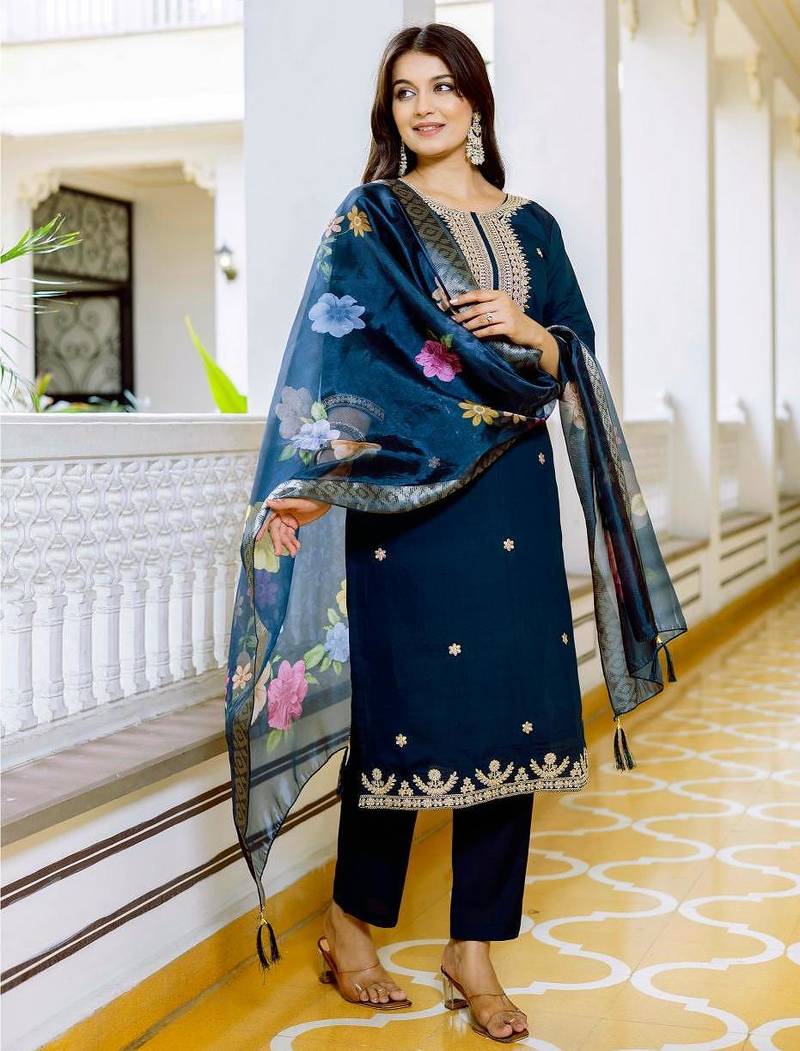  Teal Viscose Chanderi Embroidery Work Straight Kurta Pant and Dupatta Set