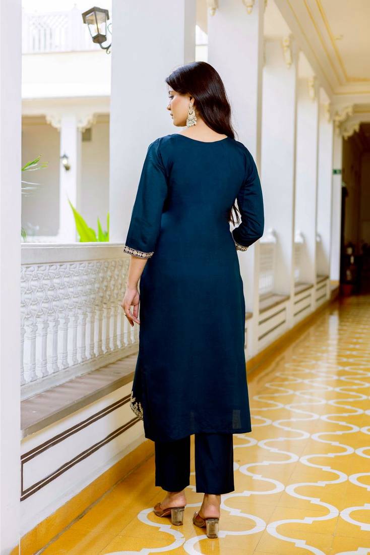  Teal Viscose Chanderi Embroidery Work Straight Kurta Pant and Dupatta Set