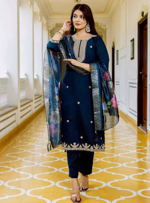  Teal Viscose Chanderi Embroidery Work Straight Kurta Pant and Dupatta Set 5