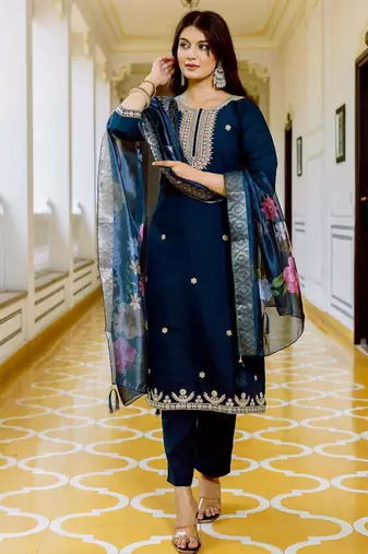  Teal Viscose Chanderi Embroidery Work Straight Kurta Pant and Dupatta Set