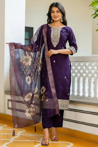 Purple Viscose Chanderi Embroidery Work Straight Kurta Pant and Dupatta Set