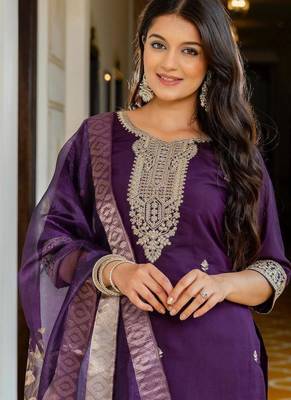 Purple Viscose Chanderi Embroidery Work Straight Kurta Pant and Dupatta Set 2