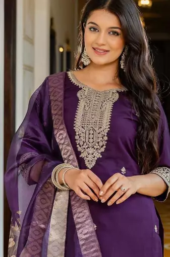 Purple Viscose Chanderi Embroidery Work Straight Kurta Pant and Dupatta Set