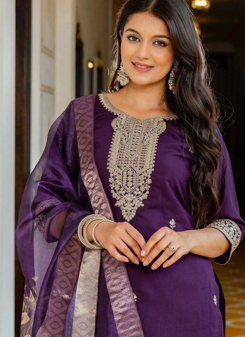 Purple Viscose Chanderi Embroidery Work Straight Kurta Pant and Dupatta Set