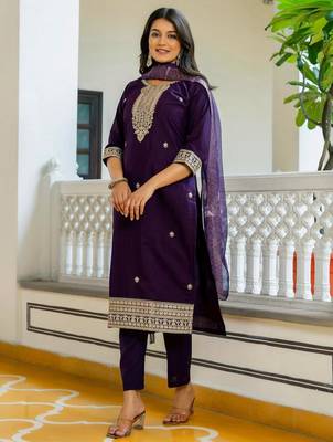 Purple Viscose Chanderi Embroidery Work Straight Kurta Pant and Dupatta Set 3