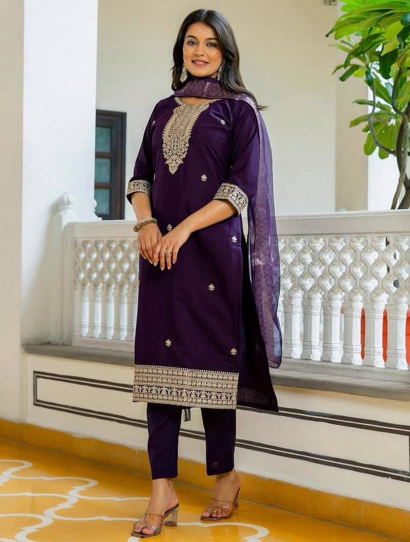 Purple Viscose Chanderi Embroidery Work Straight Kurta Pant and Dupatta Set