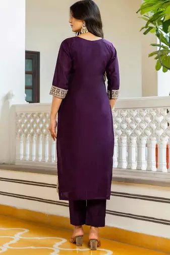 Purple Viscose Chanderi Embroidery Work Straight Kurta Pant and Dupatta Set