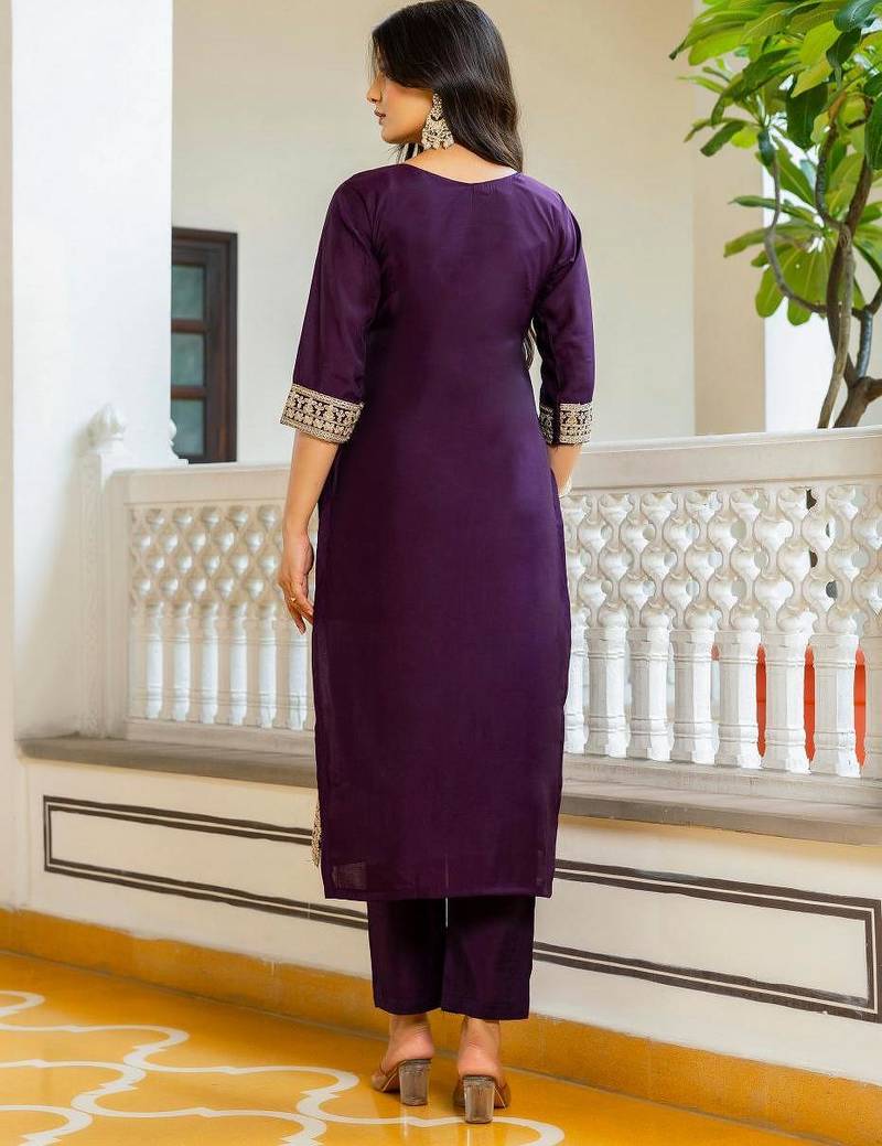 Purple Viscose Chanderi Embroidery Work Straight Kurta Pant and Dupatta Set
