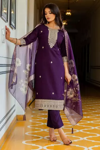Purple Viscose Chanderi Embroidery Work Straight Kurta Pant and Dupatta Set