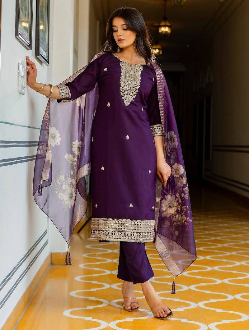 Purple Viscose Chanderi Embroidery Work Straight Kurta Pant and Dupatta Set