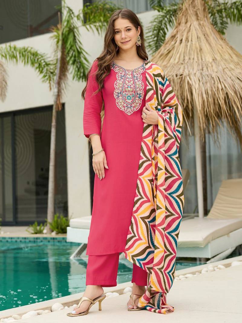 Pink Rayon Embroidery Work Straight Kurta Pant and Dupatta Set