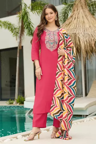 Pink Rayon Embroidery Work Straight Kurta Pant and Dupatta Set