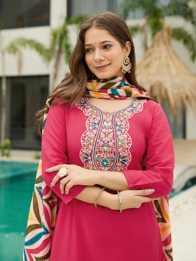 Pink Rayon Embroidery Work Straight Kurta Pant and Dupatta Set