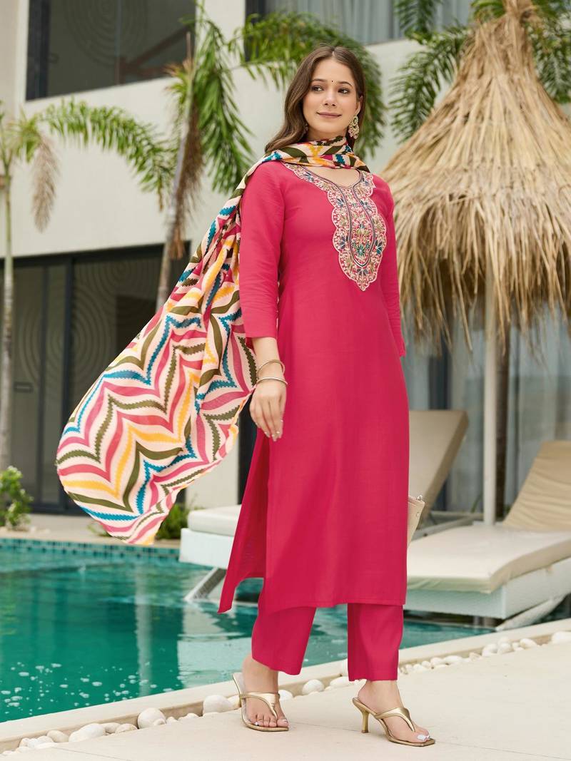 Pink Rayon Embroidery Work Straight Kurta Pant and Dupatta Set