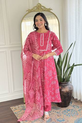 Pink  Rayon Printed Work Flared Kurta Pant and Dupatta Set
