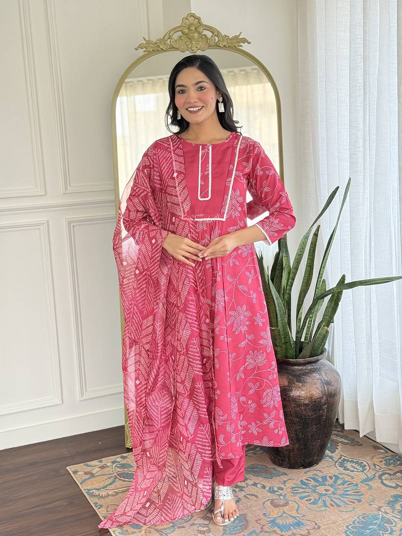 Pink  Rayon Printed Work Flared Kurta Pant and Dupatta Set