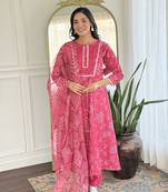 Pink  Rayon Printed Work Flared Kurta Pant and Dupatta Set