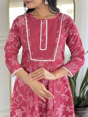 Pink  Rayon Printed Work Flared Kurta Pant and Dupatta Set 2