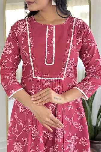 Pink  Rayon Printed Work Flared Kurta Pant and Dupatta Set