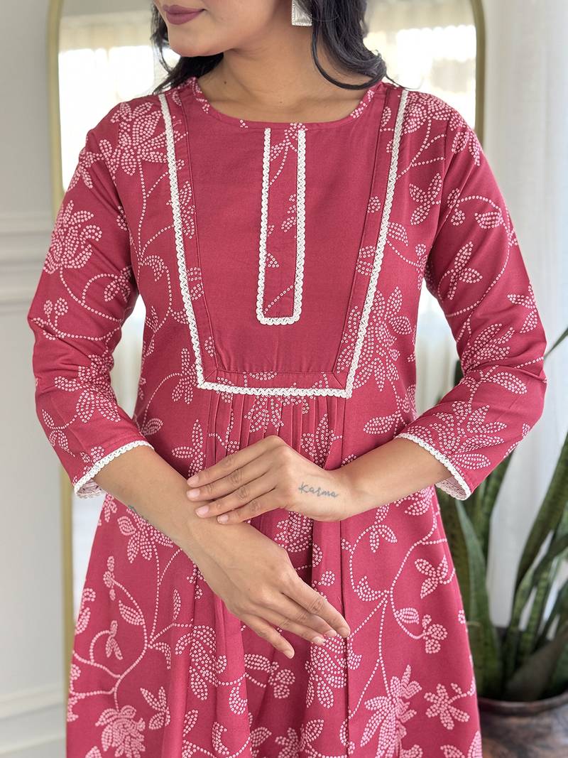 Pink  Rayon Printed Work Flared Kurta Pant and Dupatta Set