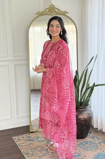 Pink  Rayon Printed Work Flared Kurta Pant and Dupatta Set