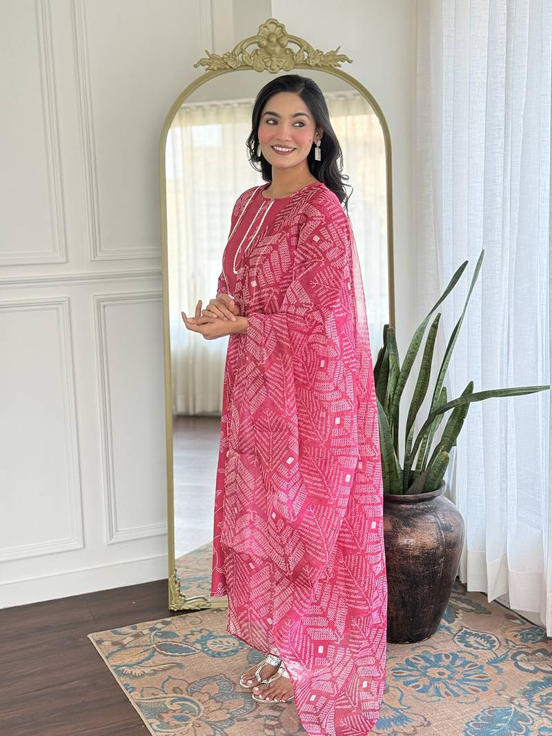 Pink  Rayon Printed Work Flared Kurta Pant and Dupatta Set